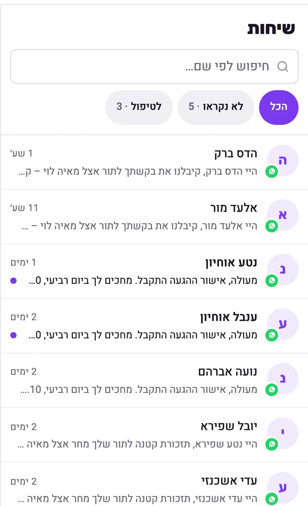 שיחות בטלפון: חיפוש, סינון (הכל · לא נקראו · לטיפול) והשיחות עם הלקוחות