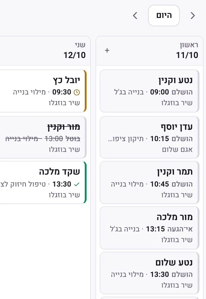 יומן שבועי של סטודיו עם שלושה אנשי צוות, בצבע של כל אחד