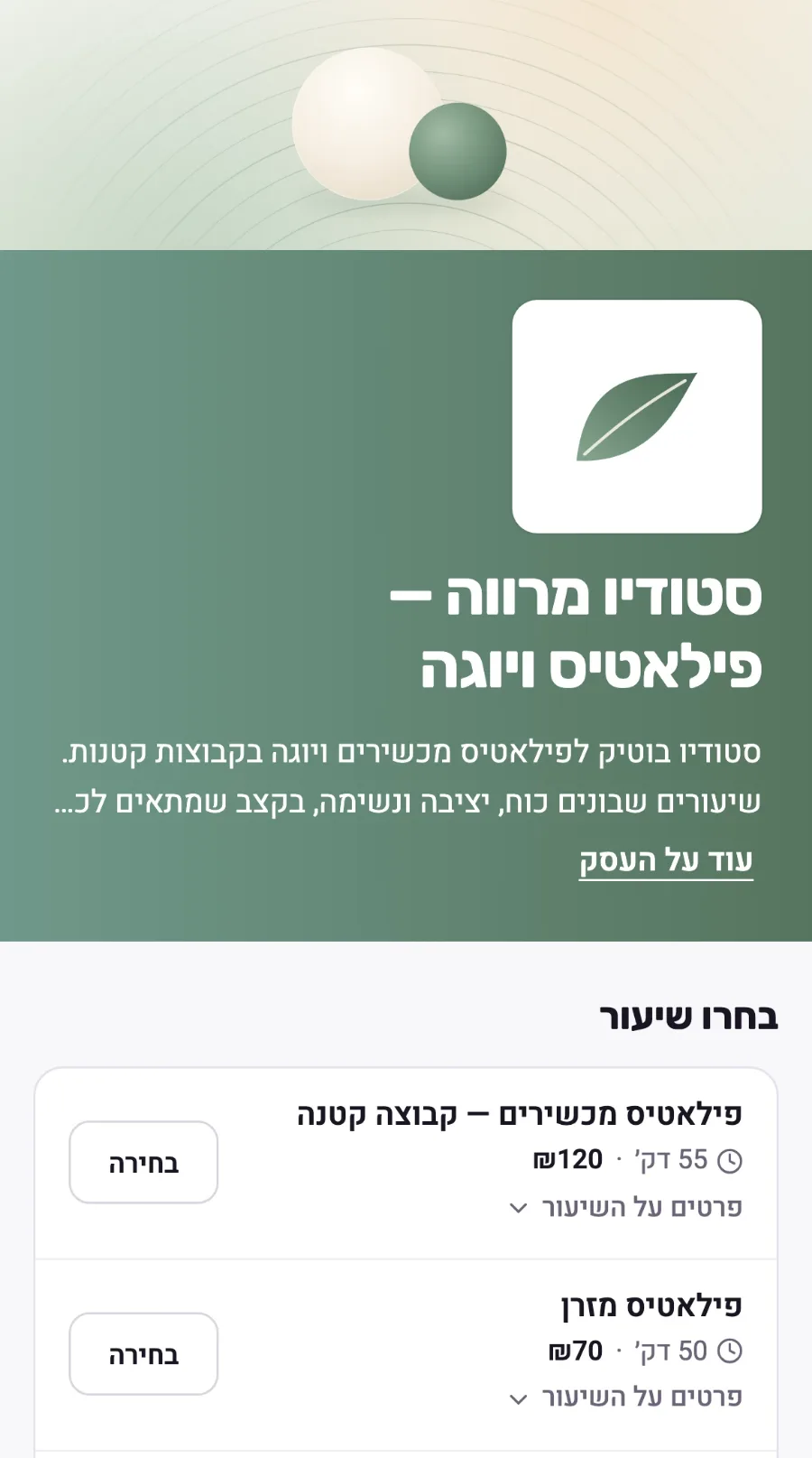 דף ההזמנות של עסק דמו — סטודיו לפילאטיס ויוגה