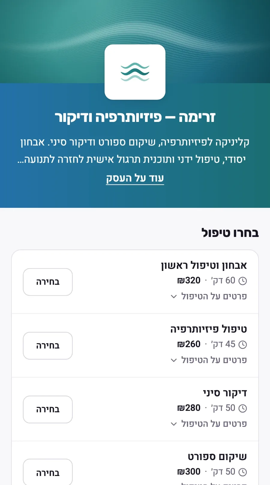 דף ההזמנות של עסק דמו — פיזיותרפיה ודיקור